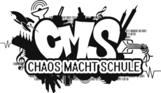 Schwarz-weißes Logo des Projekts „Choas macht Schule“, das Teil der Initiative „Chaos Computer Club Hannover“ ist.
