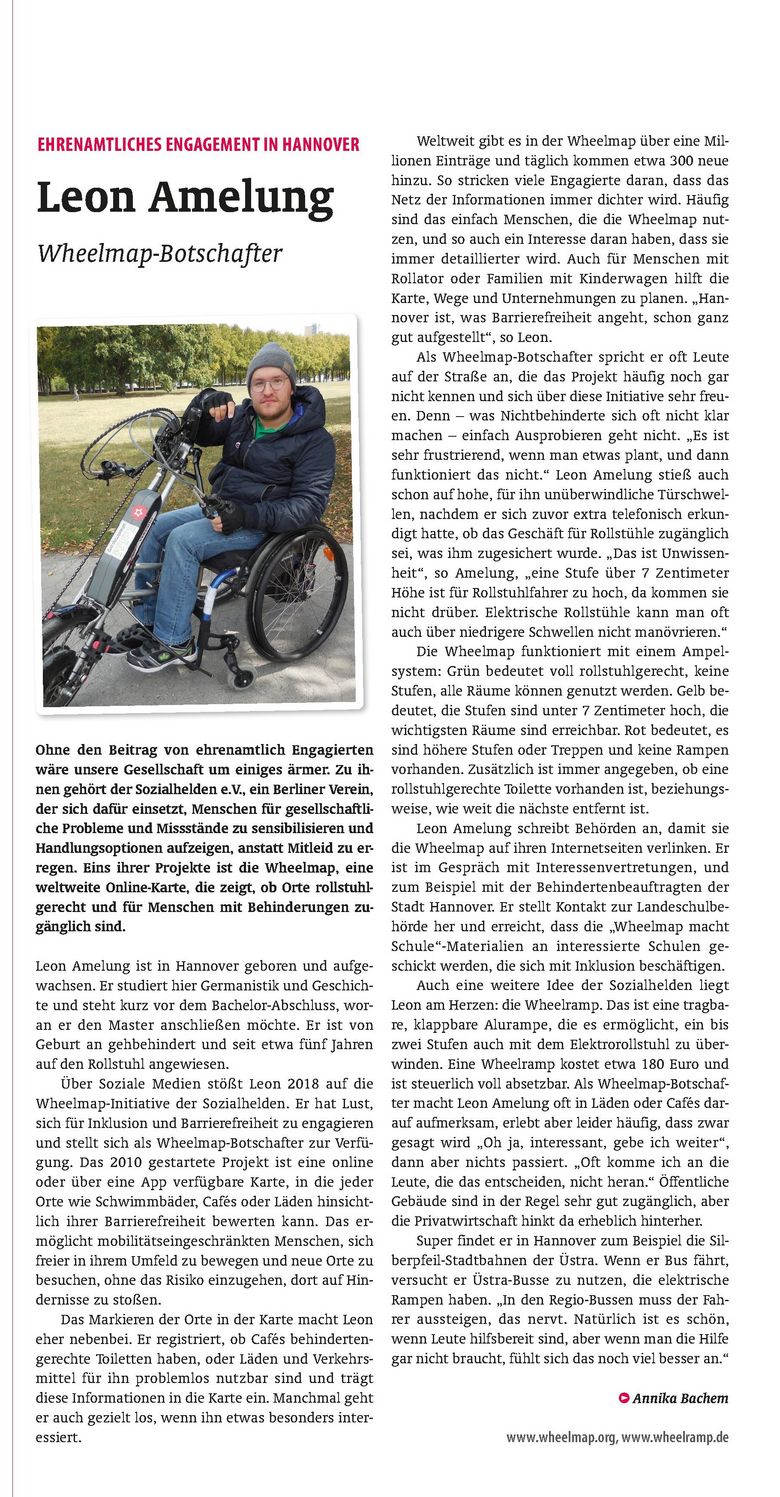 Artikel des Stadtkind-Magazins über das Engagement von Leon Amelung, der sich ehrenamtlich als Wheelmap-Botschafter einbringt
