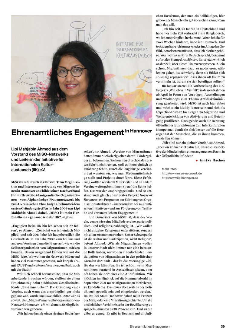 Artikel des Stadtkind-Magazins über das Engagement von Lipi Mahjabin Ahmed, die sich im Vorstand des MISO_Netzwerks sowie in der Initiative für internationalen Kulturaustausch (IIK) engagiert