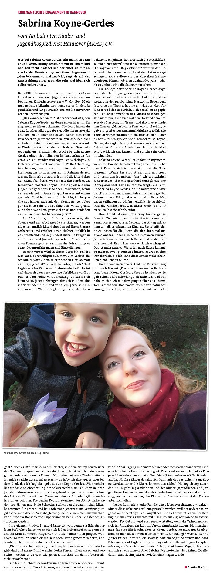 Artikel des Stadtkind-Magazins über das Engagement von Sabrina Koyne-Gerdes, die sich beim Ambulanten Kinder- und Jugendhospizdienst engagiert