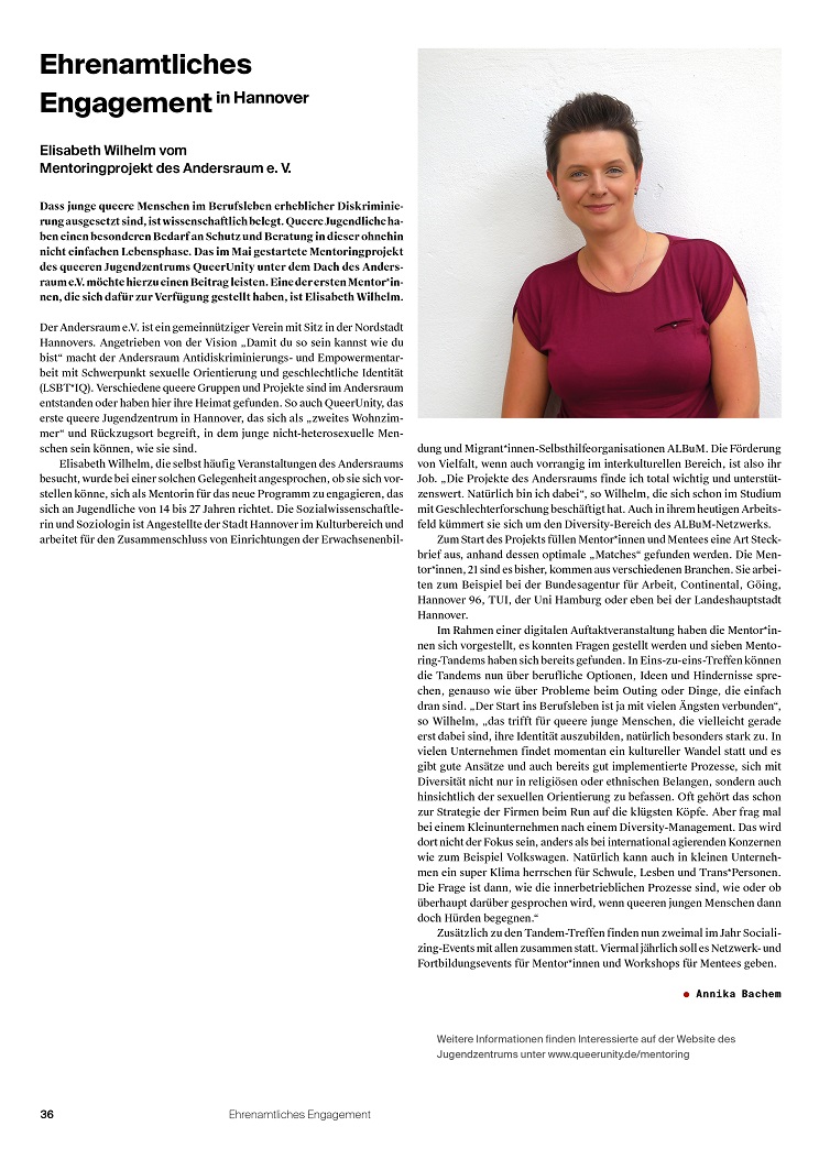 Artikel des Stadtkind-Magazins über das Engagement von Elisabeth Wilhelm, die sich ehrenamtlich als Mentorin beim Andersraum e.V. einbringt