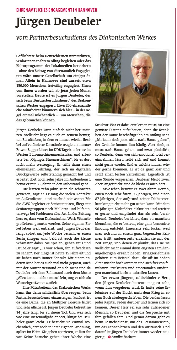 Artikel des Stadtkind-Magazins über das Engagement von Jürgen Deubeler, der sich im Partnerbesuchsdienst des Diakonischen Werkes engagiert