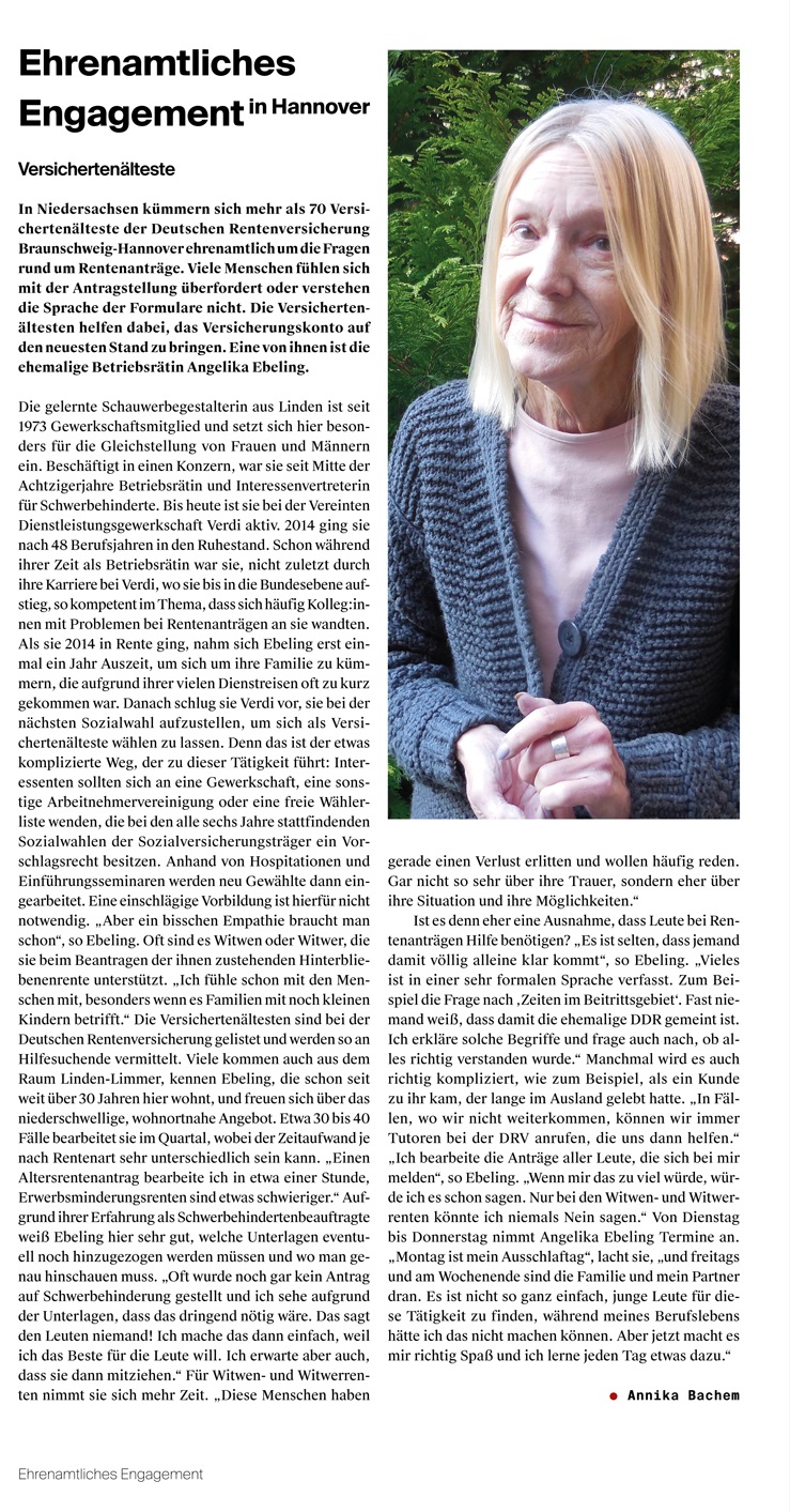 Artikel des Stadtkind-Magazins über das Engagement von Angelika Ebeling, die sich als Versichertenälteste engagiert