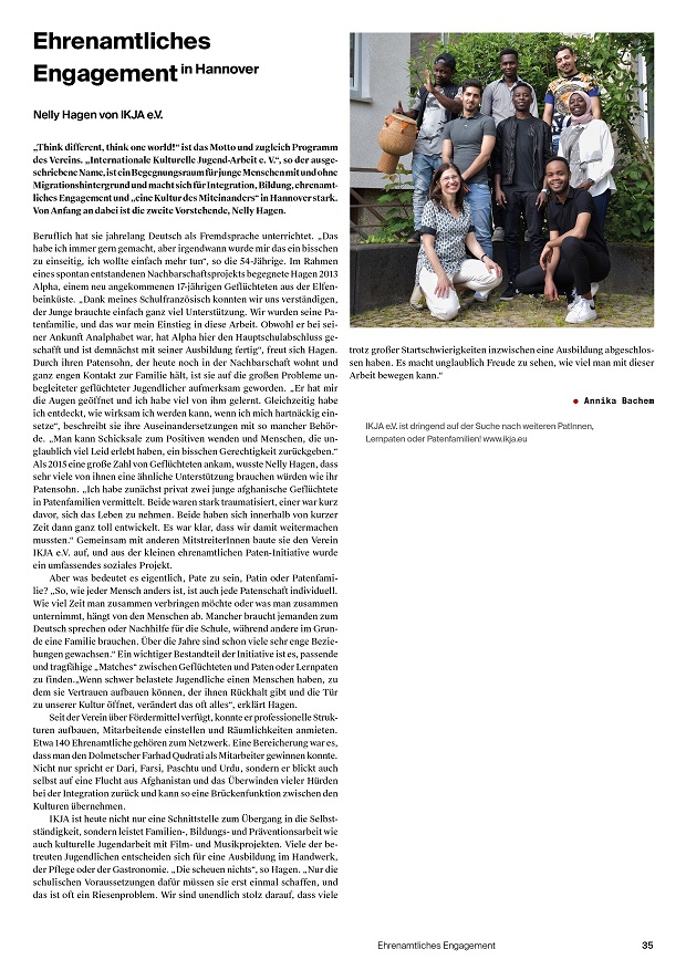 Artikel des Stadtkind-Magazins über das Engagement von Nelly Hagen, die sich ehrenamtlich bei IKJA e.V. einbringt