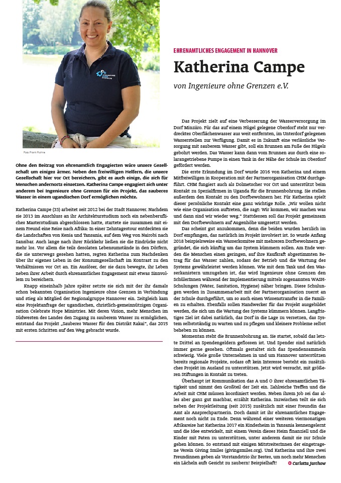 Artikel des Stadtkind-Magazins über das Engagement von Katherina Campe, die sich für die Ingenieure ohne Grenzen engagiert