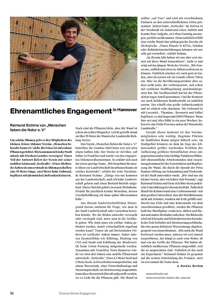 Artikel des Stadtkind-Magazins über das Engagement von Raimund Sichma, der sich ehrenamtlich beim Verein Menschen lieben die Natur e.V. engagiert
