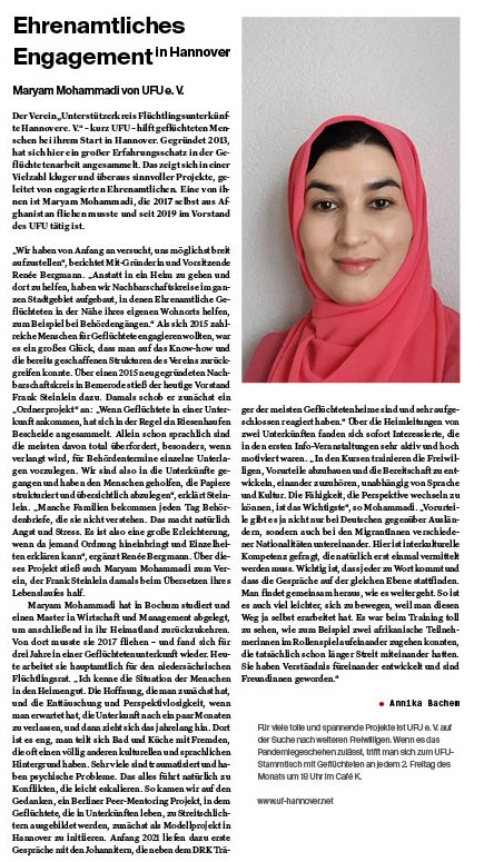 Artikel des Stadtkind-Magazins über das Engagement von Maryam Mohammadi, die sich ehrenamtlich im Unterstützerkreis Flüchtlingsunterkünfte e.V. einbringt