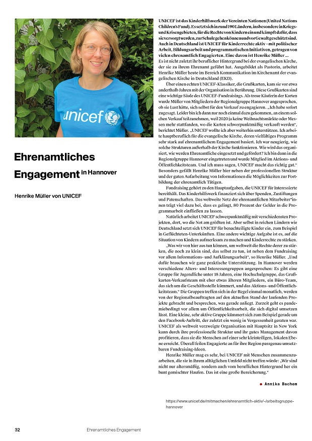 Artikel des Stadtkind-Magazins über das Engagement von Henrike Müller, die sich bei Unicef engagiert
