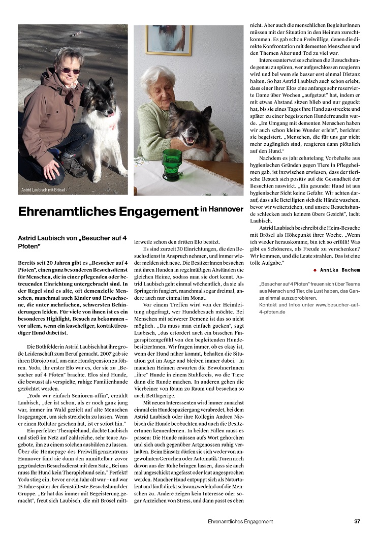 Artikel des Stadtkind-Magazins über das Engagement von Astrid Laubisch, die sich ehrenamtlich beim Besuchsdienst von 4 Pfoten engagiert