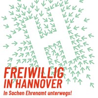 Grafik eines großen H, das sich aus vielen kleinen grünen Pfeilen zusammensetzt. Darunter steht der Text: Freiwillig in Hannover. In Sachen Ehrenamt unterwegs