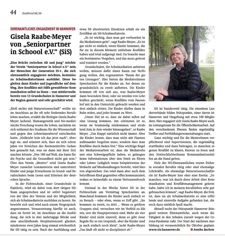 Artikel des Stadtkind-Magazins über das Engagement von Gisela Raabe-Meyer, die sich bei Seniorpartner in School engagiert 