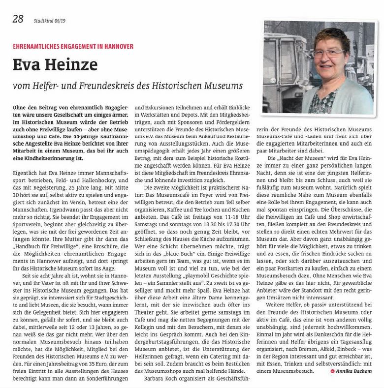 Artikel des Stadtkind-Magazins über das Engagement von Eva Heinze, die sich im Freundeskreis des Historischen Museums engagiert