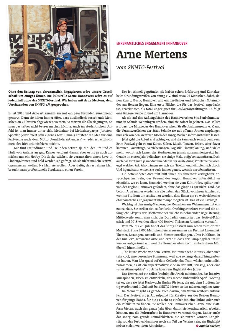 Artikel des Stadtkind-Magazins über das Engagement von Arne Mertens, der das SNNTG-Festival auf die Beine stellt