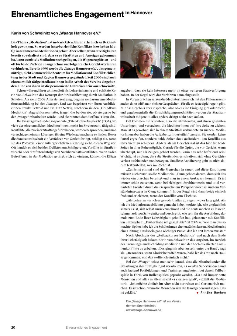 Artikel des Stadtkind-Magazins über das Engagement von Karin von Schweinitz, die sich ehrenamtlich beim Verein Waage Hannover e.V. engagiert