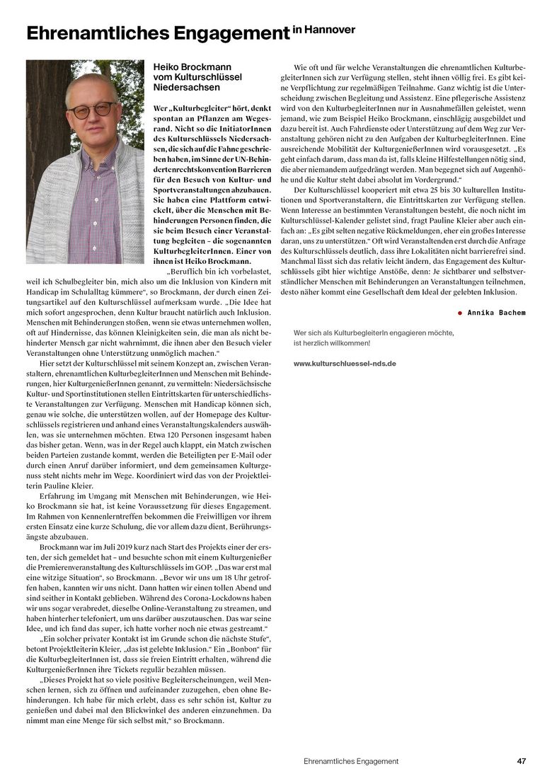 Artikel des Stadtkind-Magazins über das Engagement von Heiko Brockmann, der sich ehrenamtlich beim Projekt Kulturschlüssel Niedersachsen engagiert
