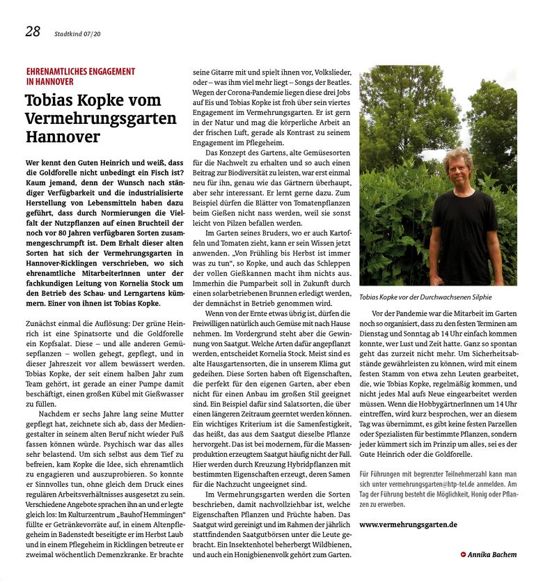 Artikel des Stadtkind-Magazins über das Engagement von Tobias Kopke beim Projekt Vermehrungsgarten