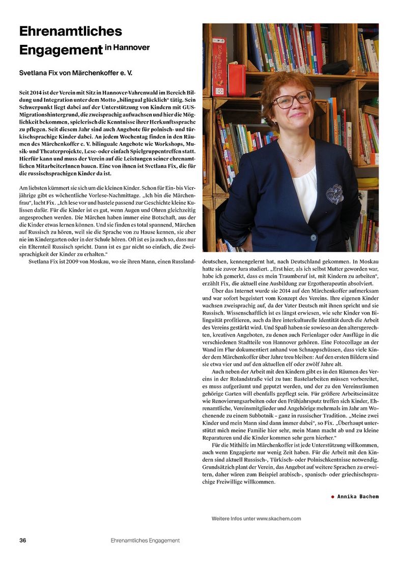 Artikel des Stadtkind-Magazins über das Engagement von Svetlana Fix, die sich ehrenamtlich im Verein Märchenkoffer e.V. einbringt