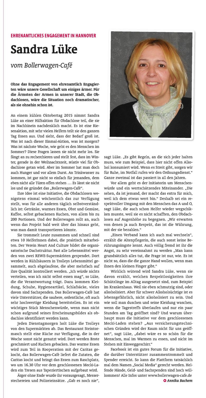 Artikel des Stadtkind-Magazins über das Engagement von Sandra Lüke, die sich ehrenamttlich beim Projekt Bollerwagen-Café einbringt