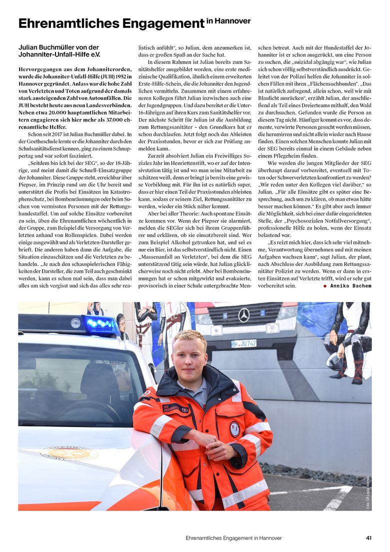 Artikel des Stadtkind-Magazins über das Engagement von Julian Buchmüller, der sich ehrenamtlich bei der Johanniter Unfallhilfe engagiert