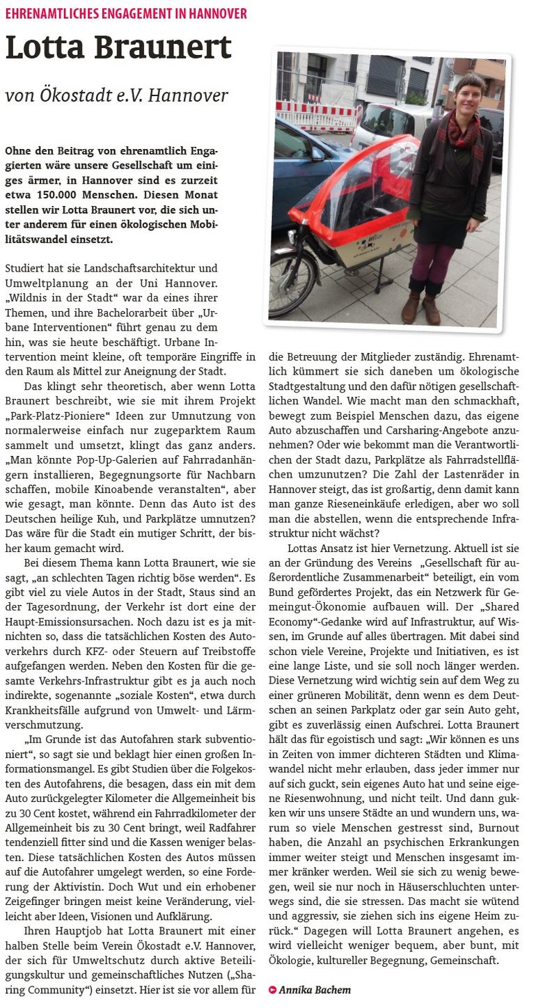 Artikel des Stadtkind-Magazins über das Engagement von Lotta Braunert, die sich für eine ökologische Stadtgestaltung engagiert