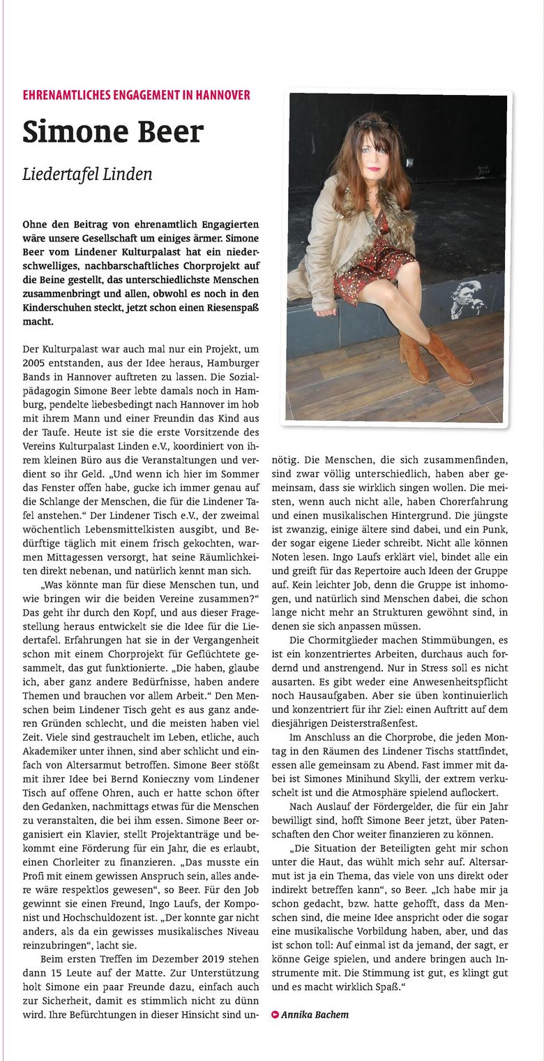 Artikel des Stadtkind-Magazins über das Engagement von Simone Beer, die die Liedertafel Linden aufgebaut hat