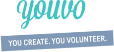 Logo des Vereins youvo e.V.: Grüner Schriftzug „youvo“ mit dem Untertitel „You create. You volunteer“ darunter in weißer Schriftfarbe vor grauem Hintergrund.