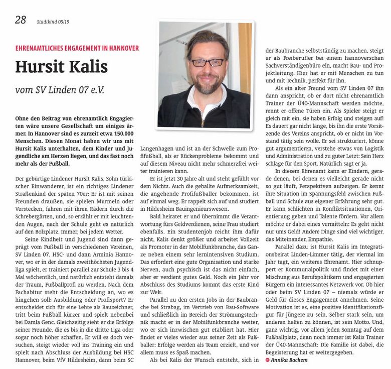 Artikel des Stadtkind-Magazins über das Engagement von Hursit Kalis, der sich im Sportbereich engagiert