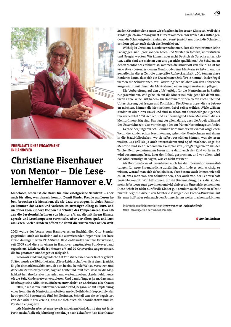 Artikel des Stadtkind-Magazins über das Engagement von Christiane Eisenhauer, die sich ehrenamtlich für das Projekt „Mentor - Die Leselernhelfer“ engagiert